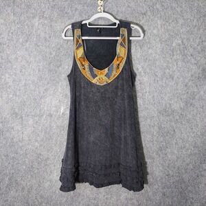 Awake Couture Dress L Embroidered Beaded Sequin Ruffled Mineral Wash Boho Tribal